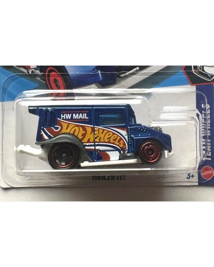 More Than Diecast blue Hot Wheels mail truck with red wheels and "HW MAIL" text.