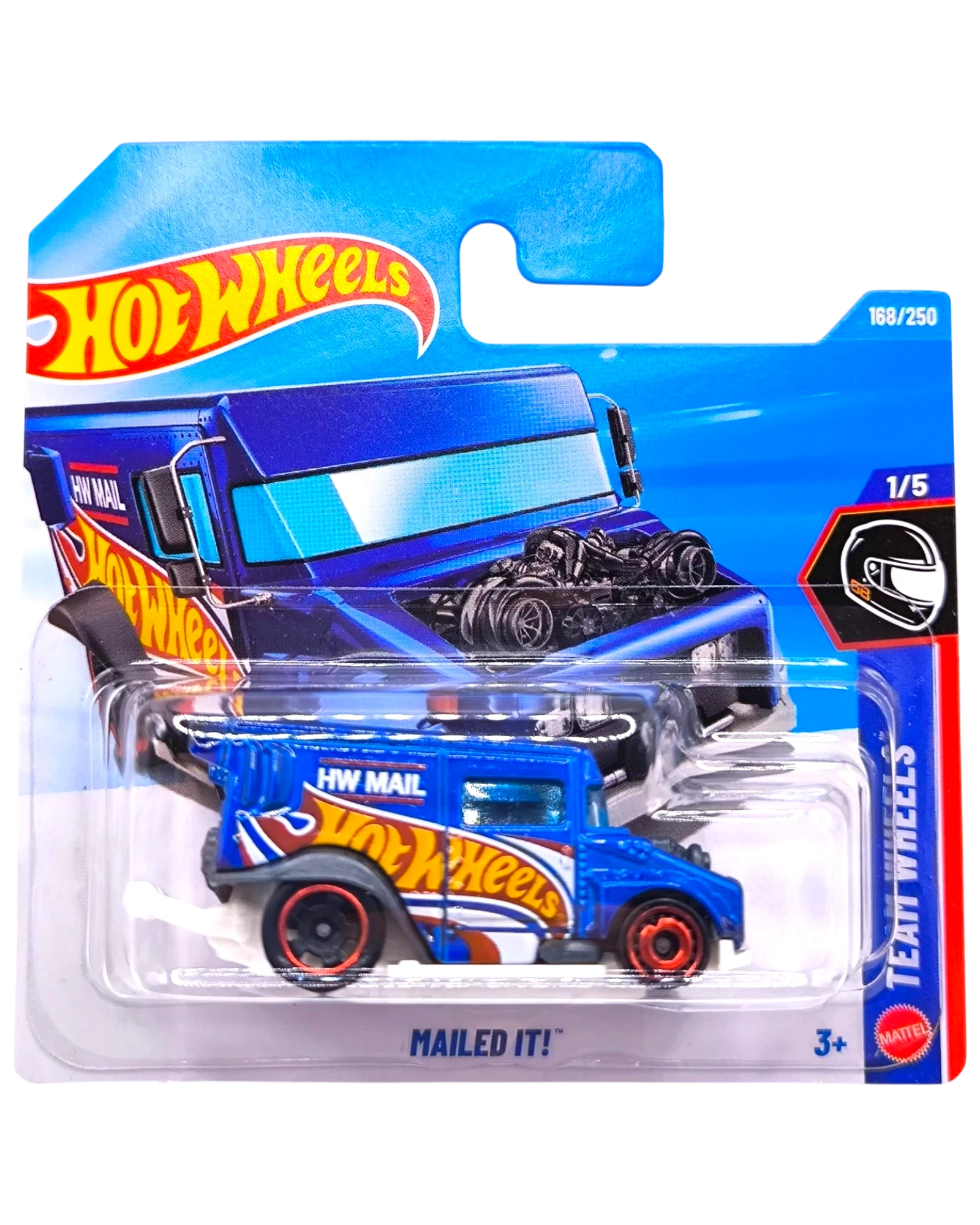 More Than Diecast Hot Wheels blue and white mail truck toy car with red wheels and "HW MAIL" text.