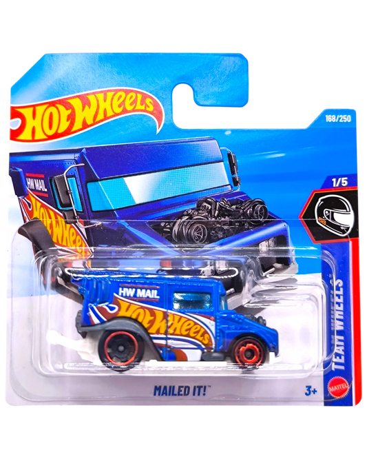 More Than Diecast Hot Wheels blue and white mail truck toy car with red wheels and "HW MAIL" text.
