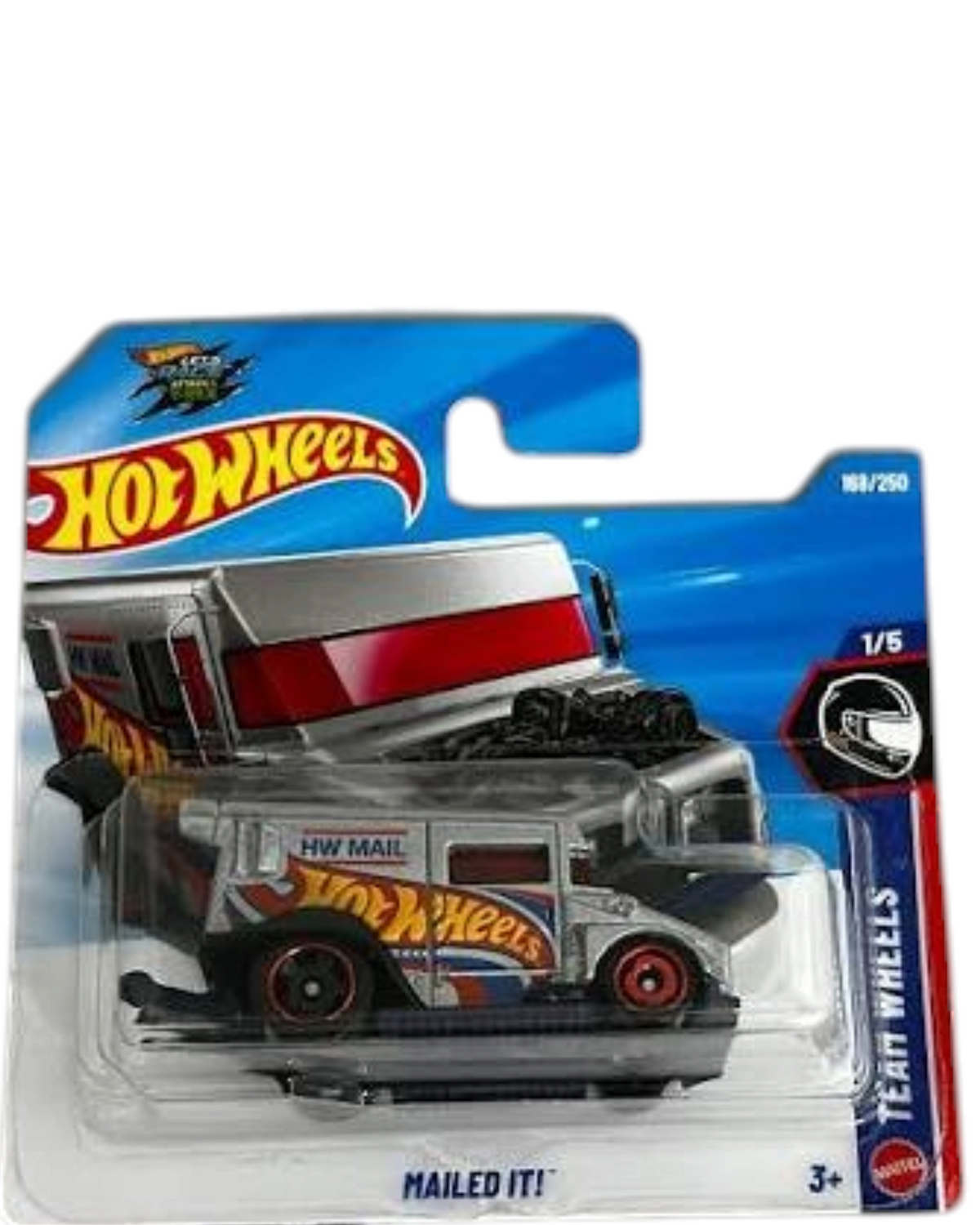 More Than Diecast Hot Wheels Mailed It! 1:64 scale die-cast toy truck in silver with red wheels on a short card.