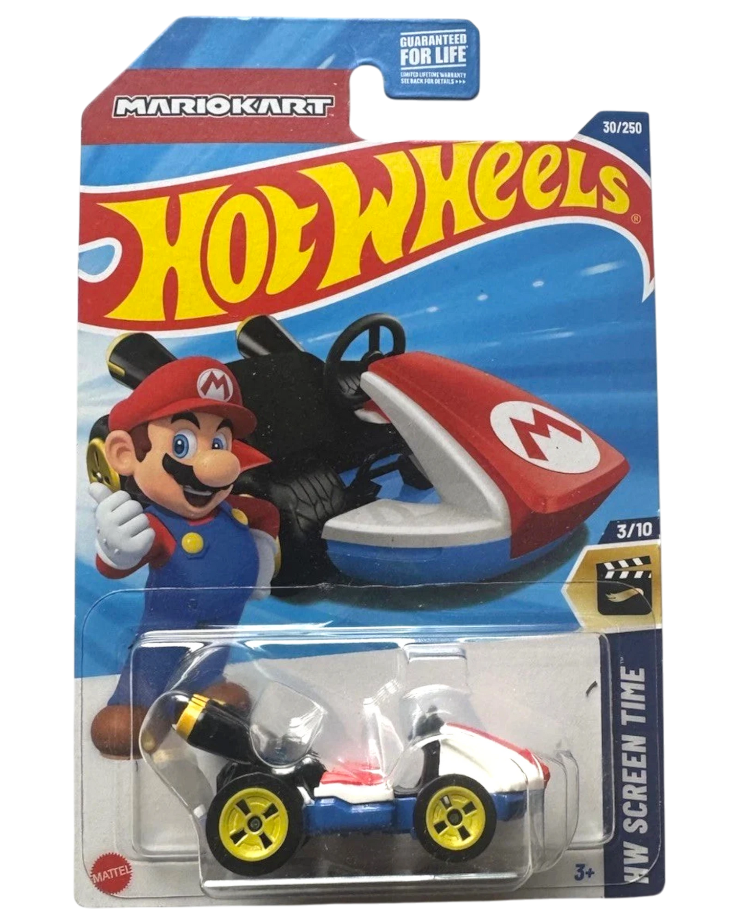 More Than Diecast Hot Wheels Mario Kart Standard Kart toy car, white, red, blue, and yellow with Mario graphic.