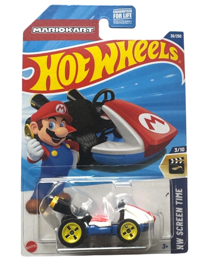 More Than Diecast Hot Wheels Mario Kart Standard Kart toy car, white, red, blue, and yellow with Mario graphic.