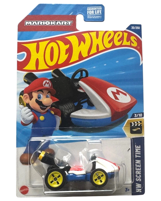 More Than Diecast Hot Wheels Mario Kart Standard Kart toy car, white, red, blue, and yellow with Mario graphic.