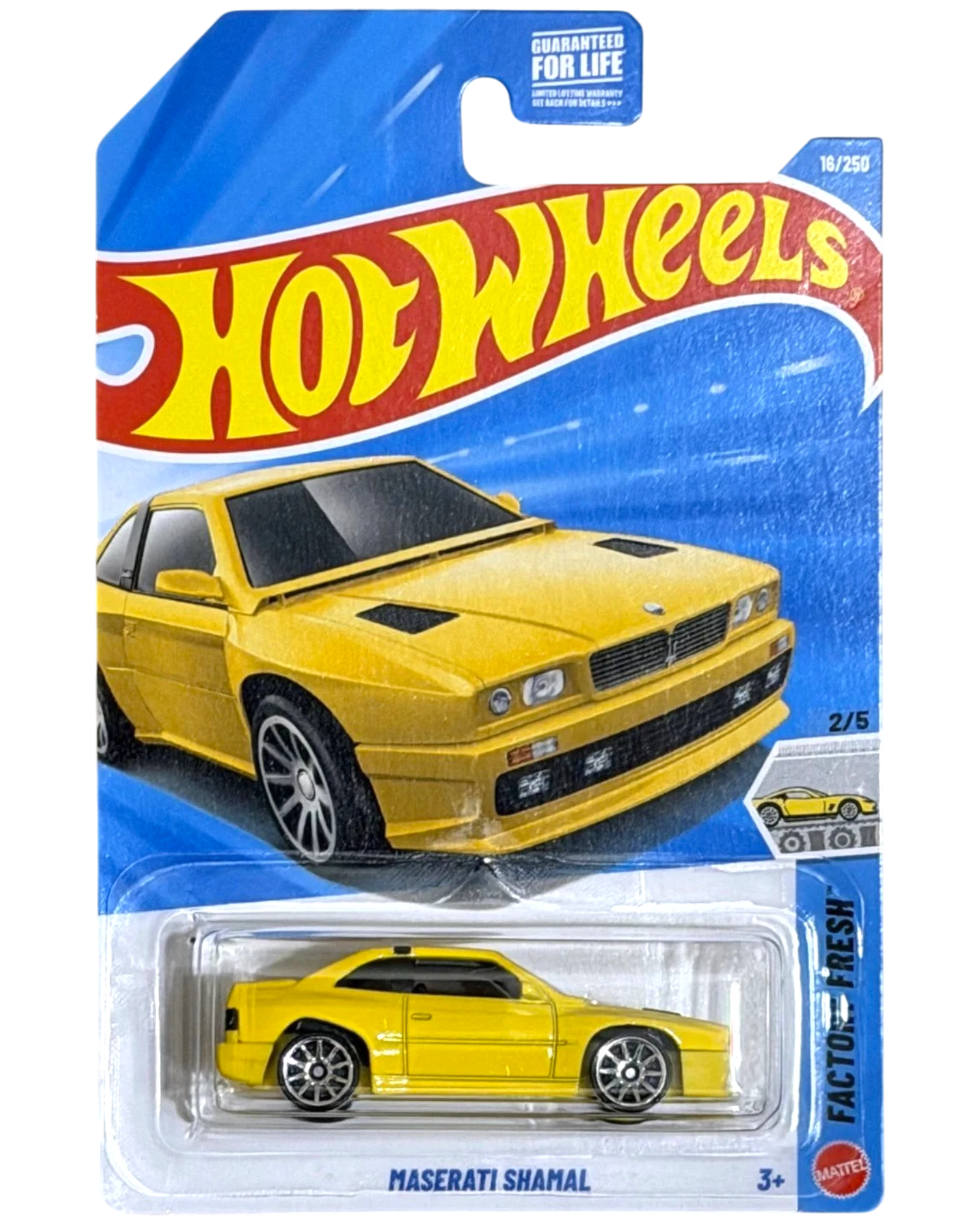 More Than Diecast Hot Wheels Maserati Shamal 1:64 scale die-cast car in yellow, Factory Fresh series packaging.