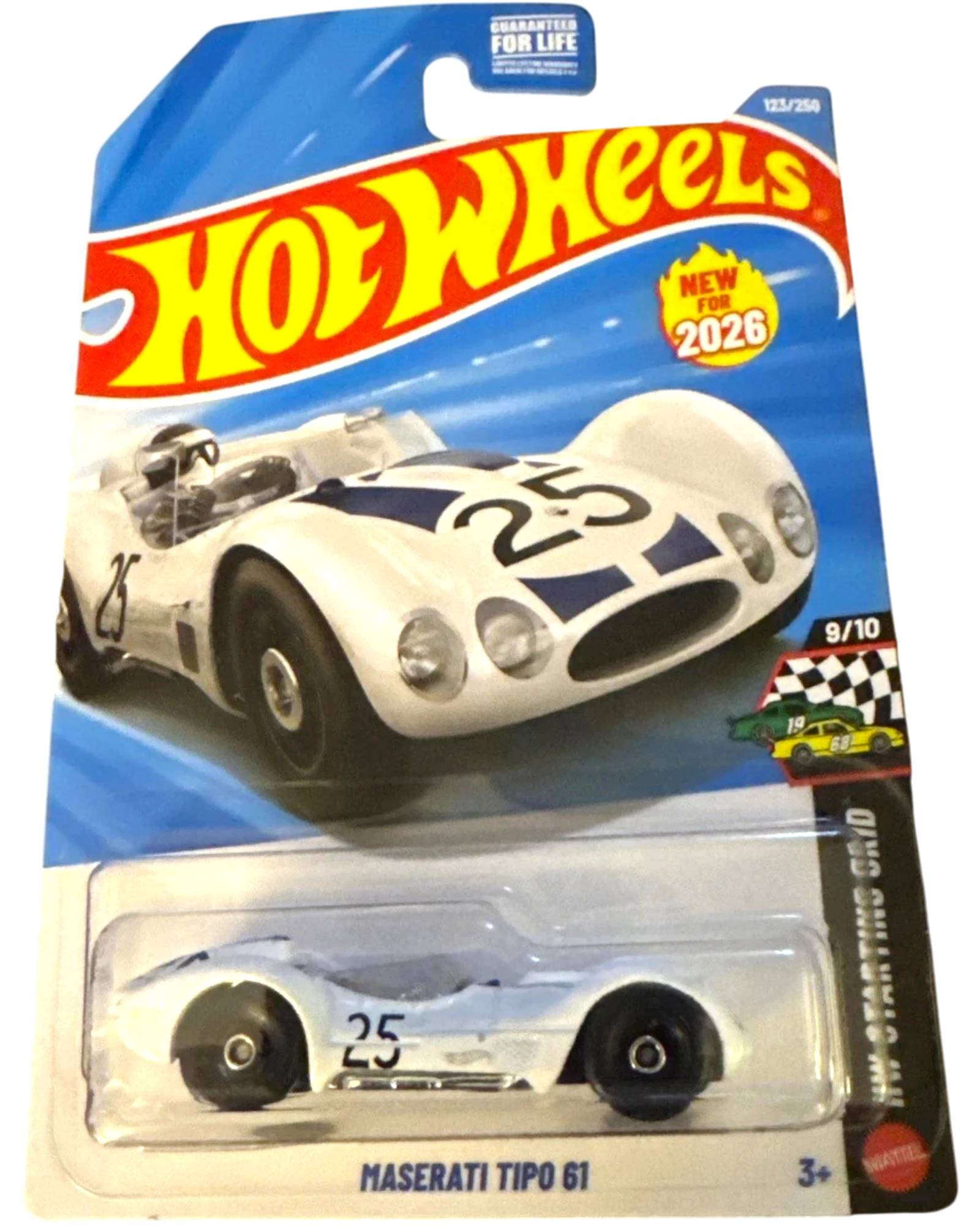 More Than Diecast Hot Wheels 2026 Maserati Tipo 61 die-cast car, white with blue racing stripes and number 25.