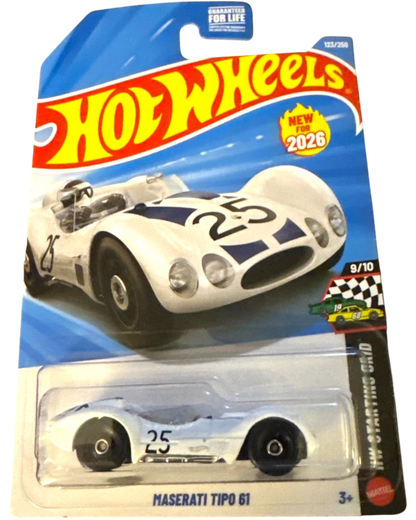 More Than Diecast Hot Wheels 2026 Maserati Tipo 61 die-cast car, white with blue racing stripes and number 25.