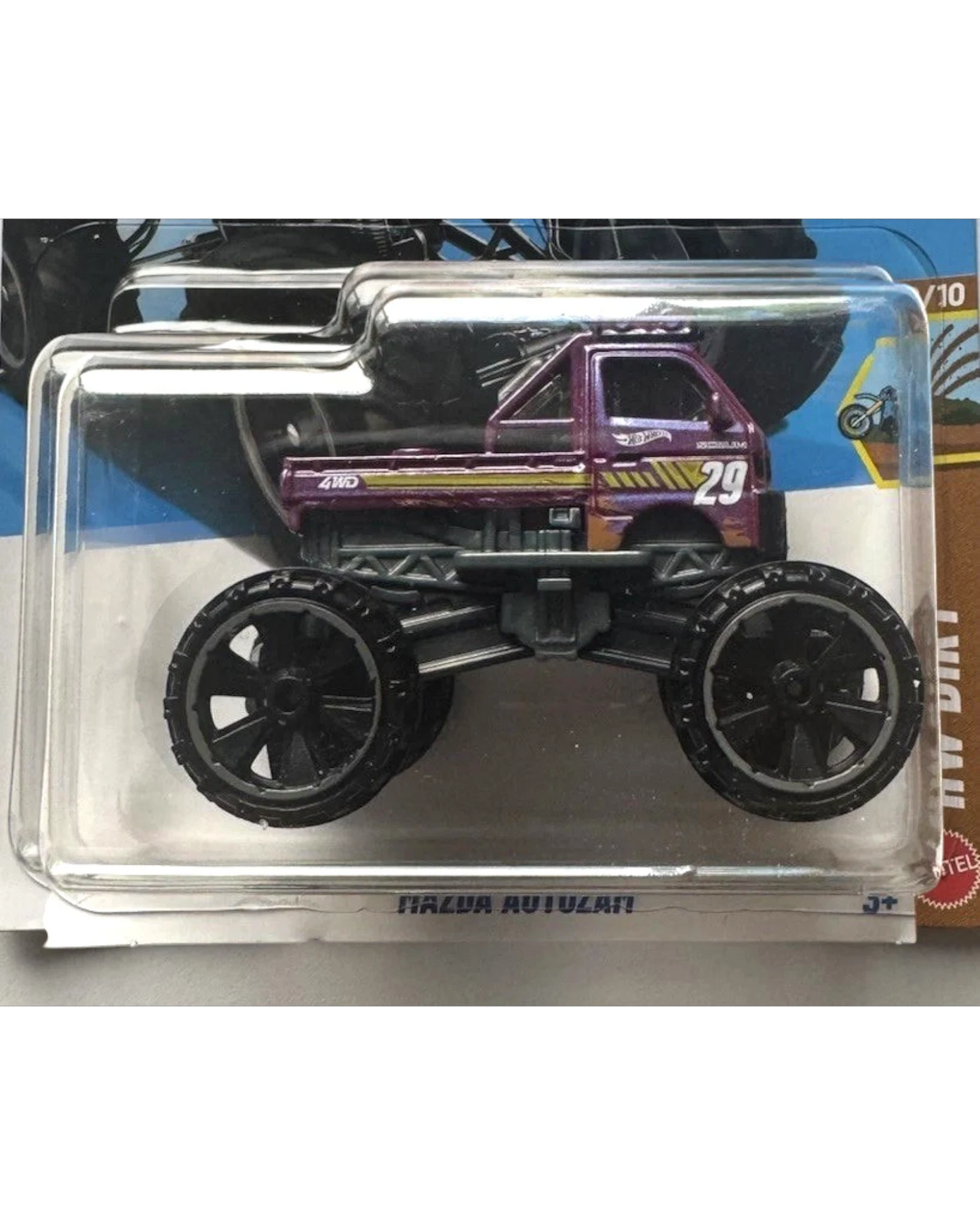 More Than Diecast Hot Wheels Mazda Autozam 1:64 scale purple die-cast truck with oversized wheels in blister packaging