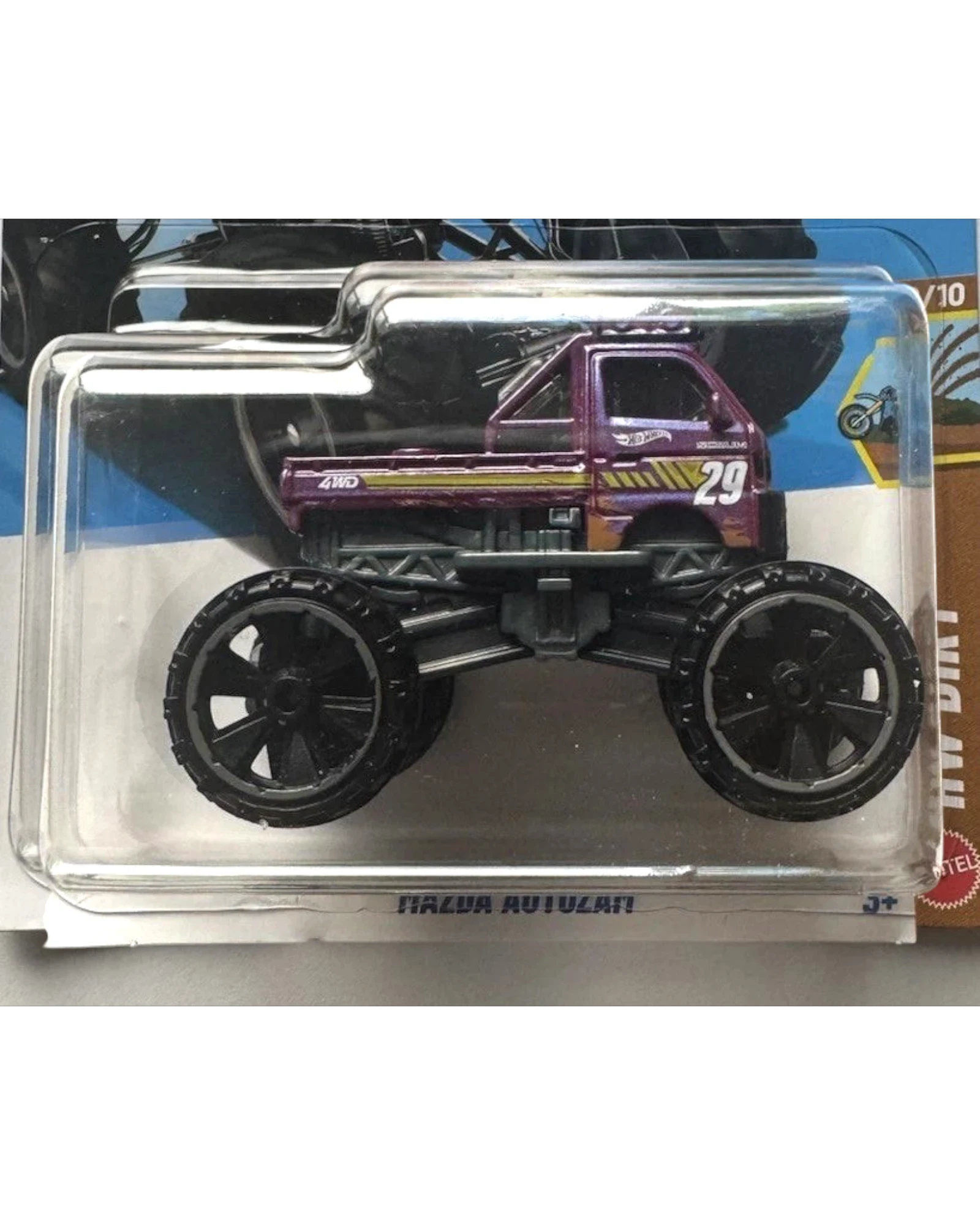 More Than Diecast Hot Wheels Mazda Autozam 1:64 scale purple die-cast truck with oversized wheels in blister packaging