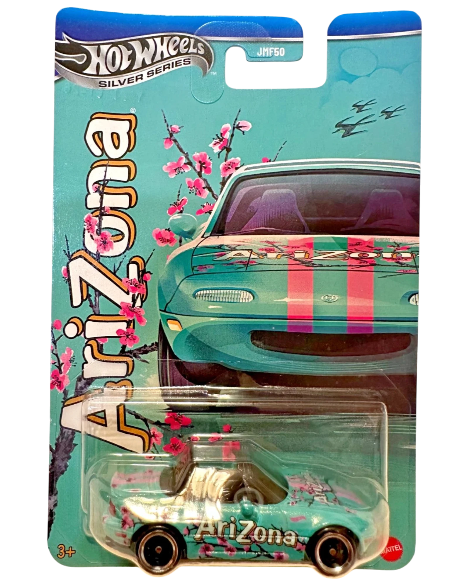 More Than Diecast Hot Wheels 1991 Mazda MX-5 Miata featuring Arizona Iced Tea livery with cherry blossom graphics.