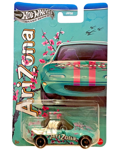 More Than Diecast Hot Wheels 1991 Mazda MX-5 Miata featuring Arizona Iced Tea livery with cherry blossom graphics.