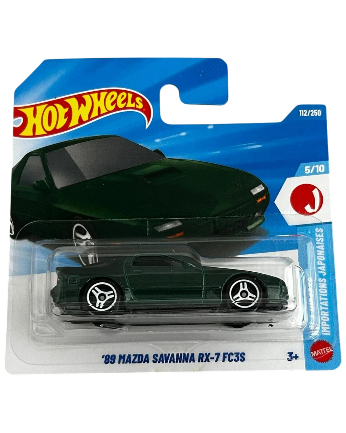 More Than Diecast Hot Wheels 1989 Mazda Savanna RX-7 in green on a short card blister pack