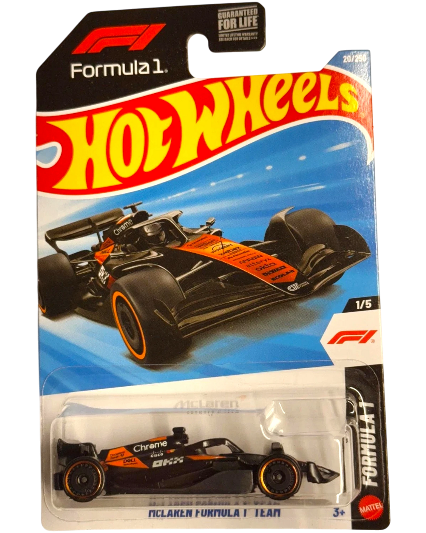 More Than Diecast Hot Wheels 2026 McLaren Formula 1 Team diecast car, black and orange with chrome accents.