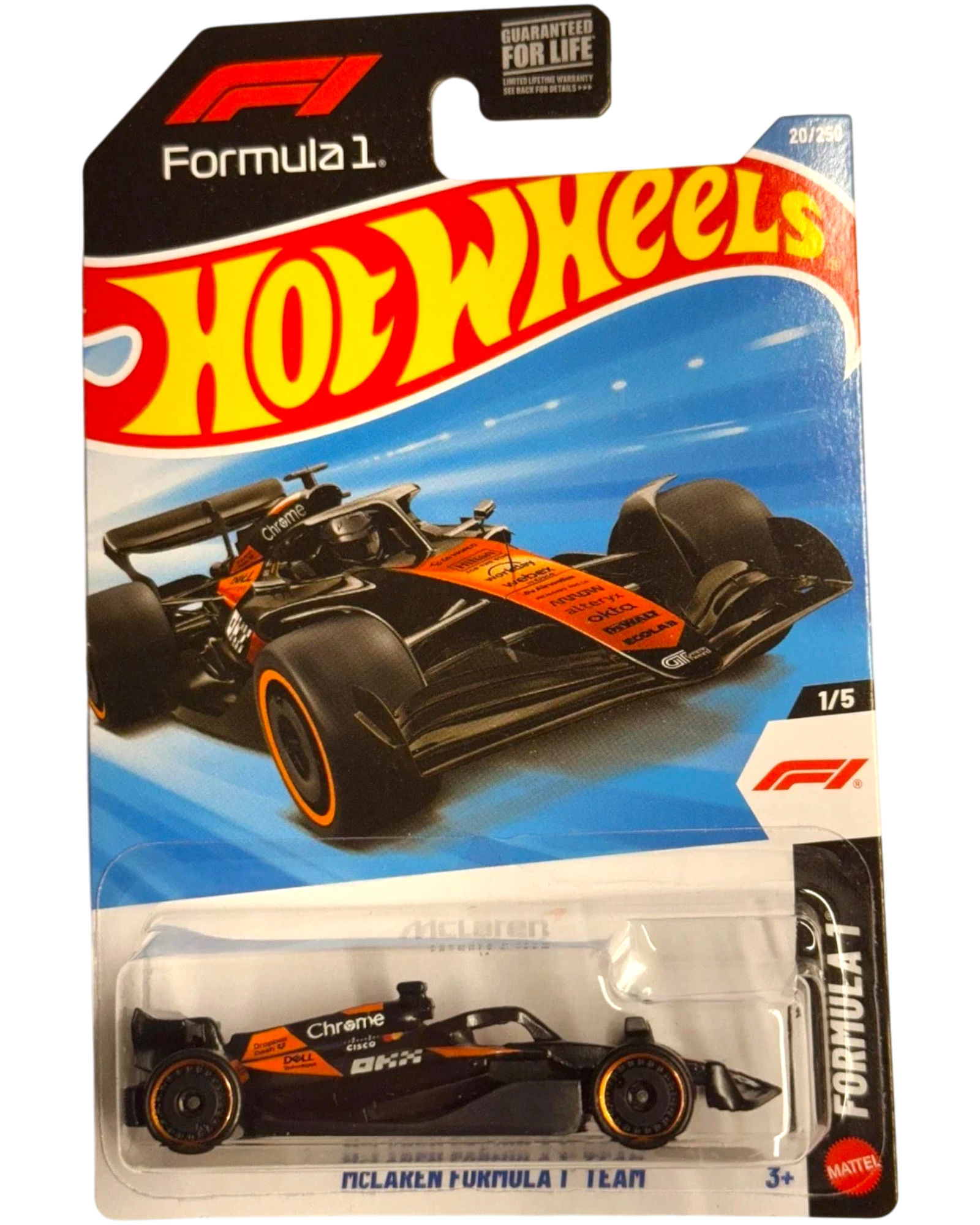 More Than Diecast Hot Wheels 2026 McLaren Formula 1 Team diecast car, black and orange with chrome accents.