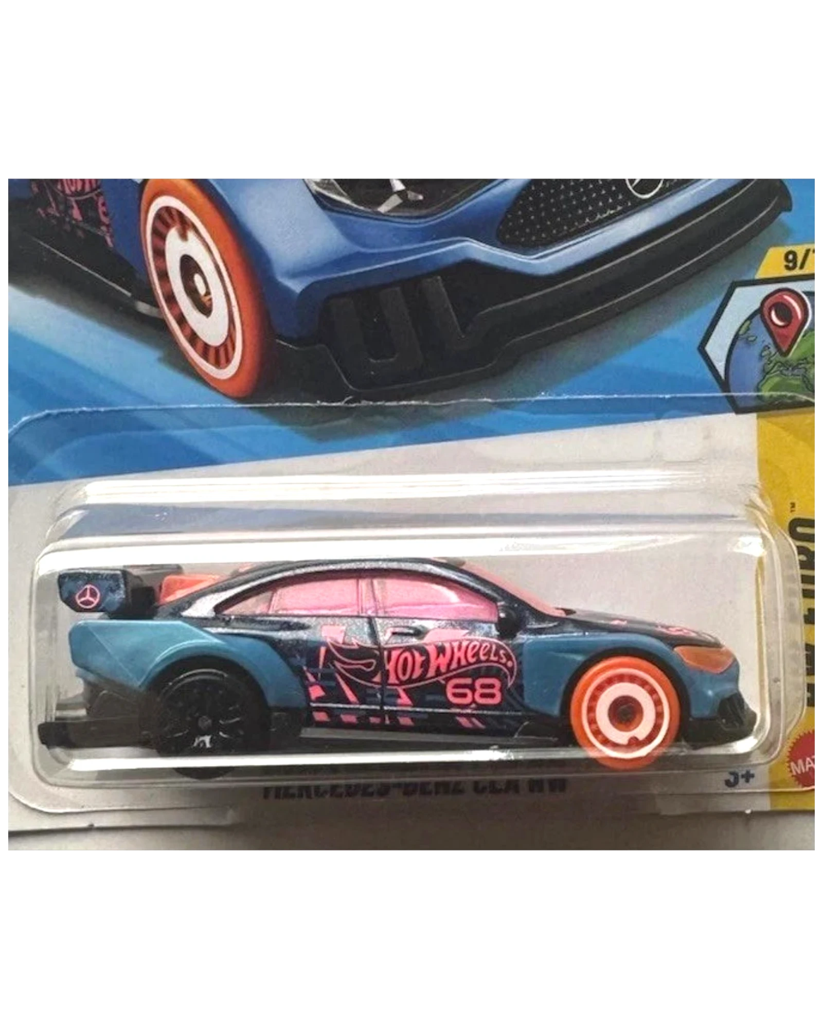 More Than Diecast Hot Wheels Mercedes-Benz CLA die-cast car in blue with pink graphics and orange wheels in packaging