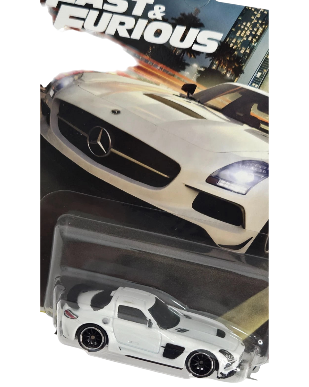 More Than Diecast Hot Wheels white Mercedes-Benz SLS AMG Coupe 1:64 scale die-cast car in Fast & Furious packaging