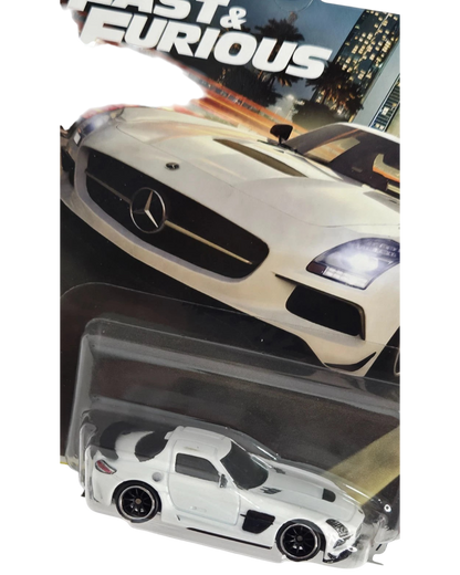 More Than Diecast Hot Wheels white Mercedes-Benz SLS AMG Coupe 1:64 scale die-cast car in Fast & Furious packaging