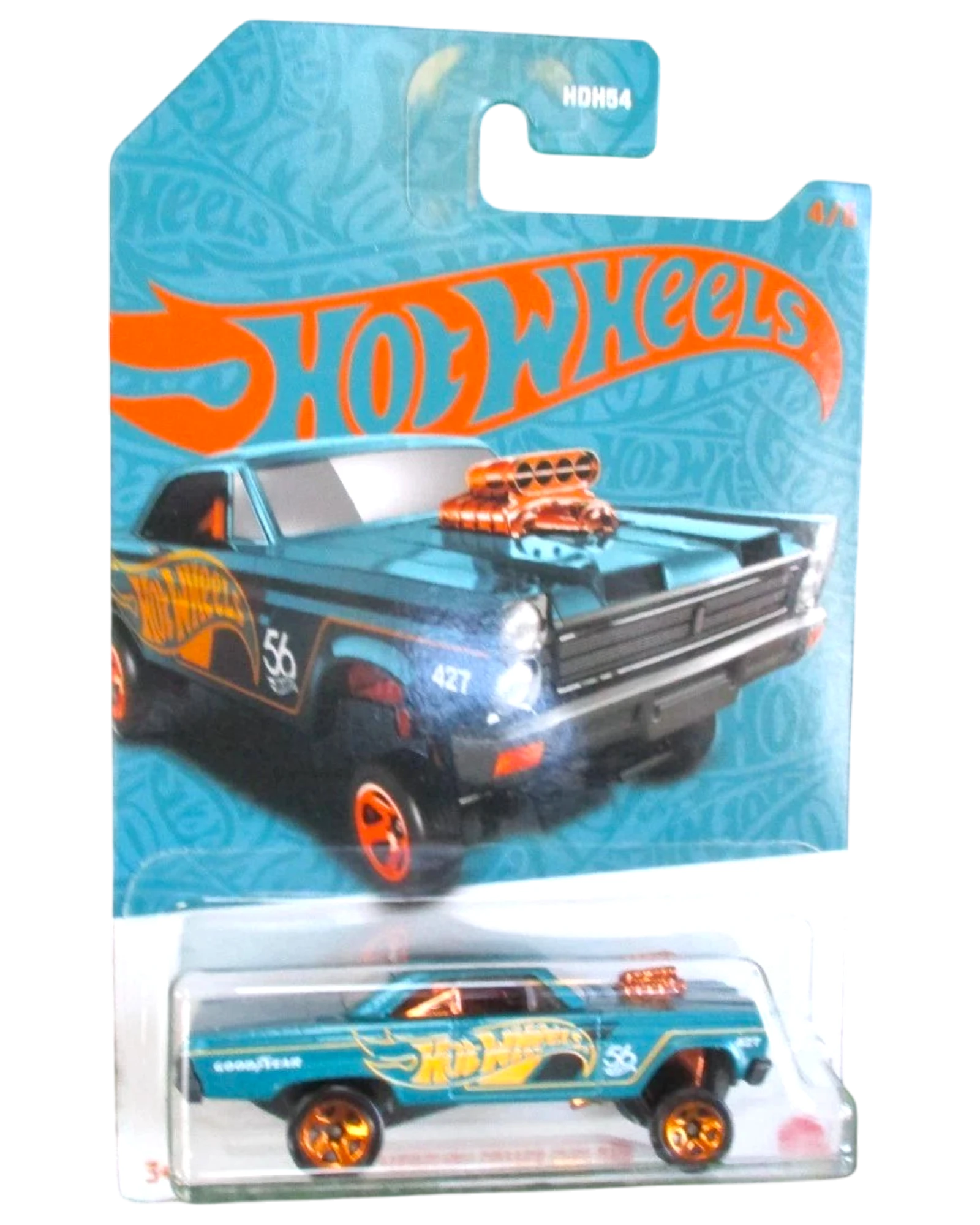 More Than Diecast Hot Wheels '65 Mercury Comet Cyclone, 1:64 scale, pearl & chrome finish with orange accents and a supercharger.