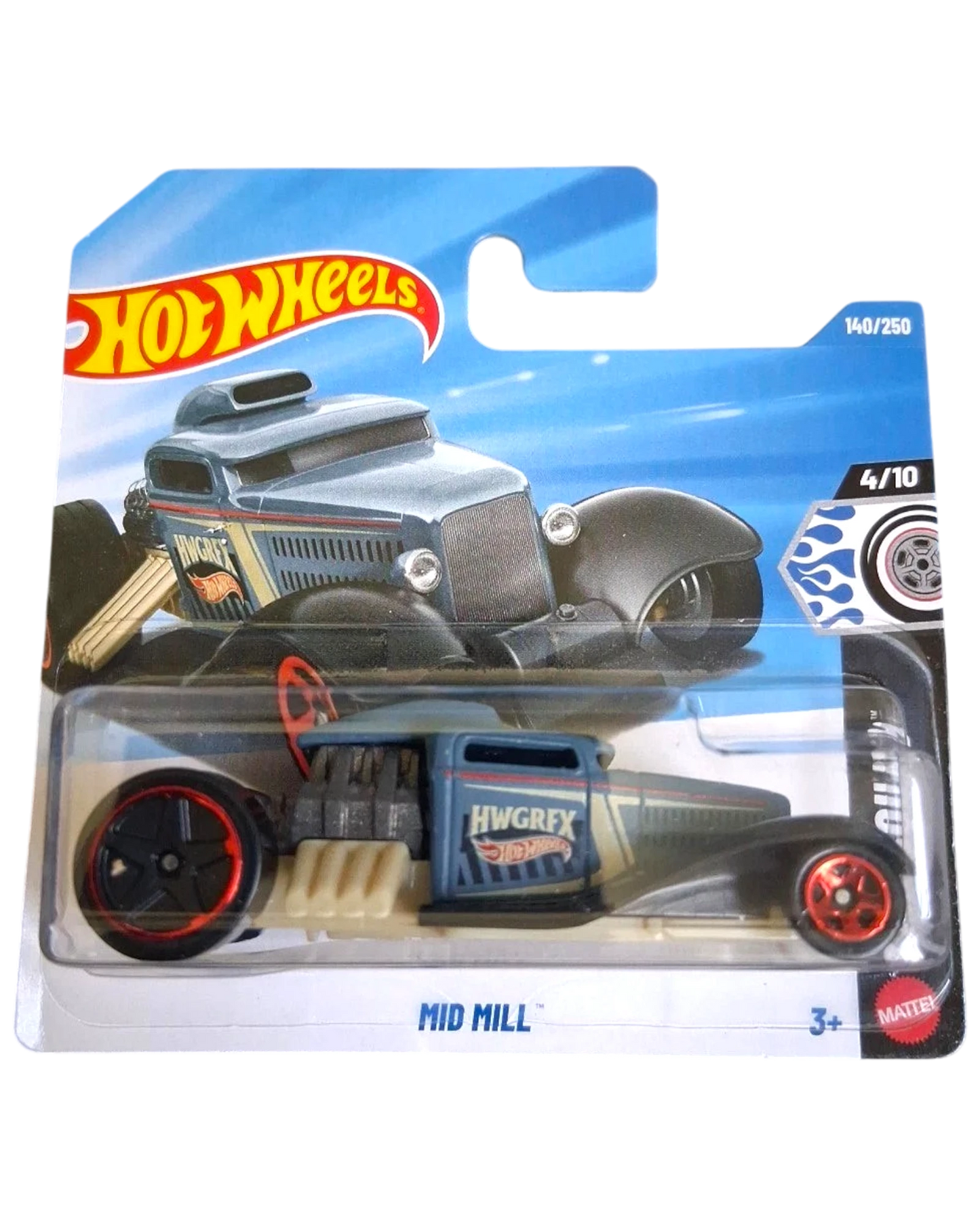More Than Diecast 2026 Hot Wheels Mid Mill Rod Squad diecast car, blue with black accents and red wheels.