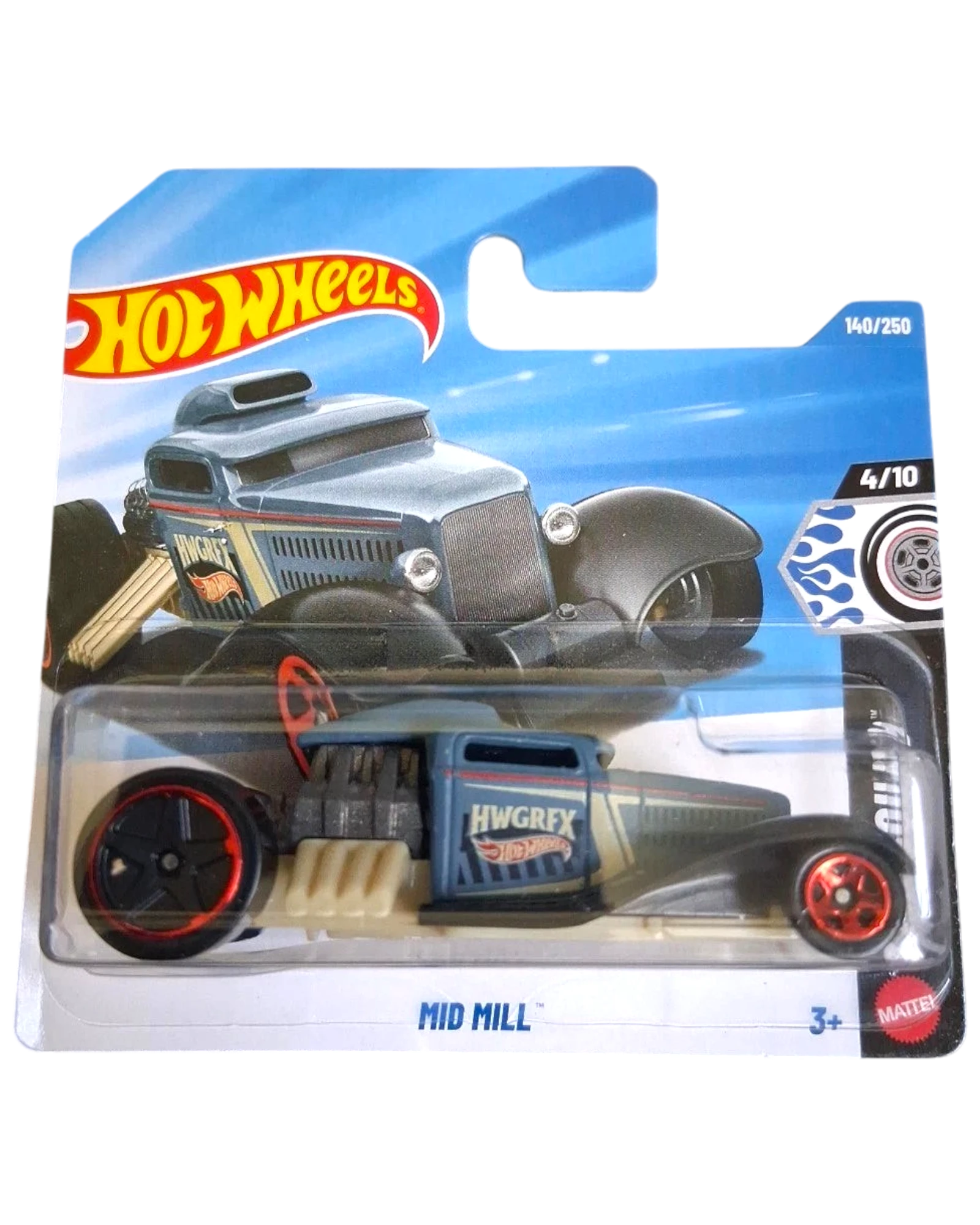More Than Diecast 2026 Hot Wheels Mid Mill Rod Squad diecast car, blue with black accents and red wheels.