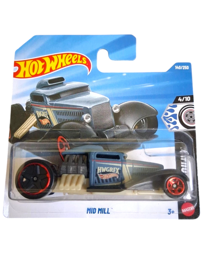 More Than Diecast 2026 Hot Wheels Mid Mill Rod Squad diecast car, blue with black accents and red wheels.