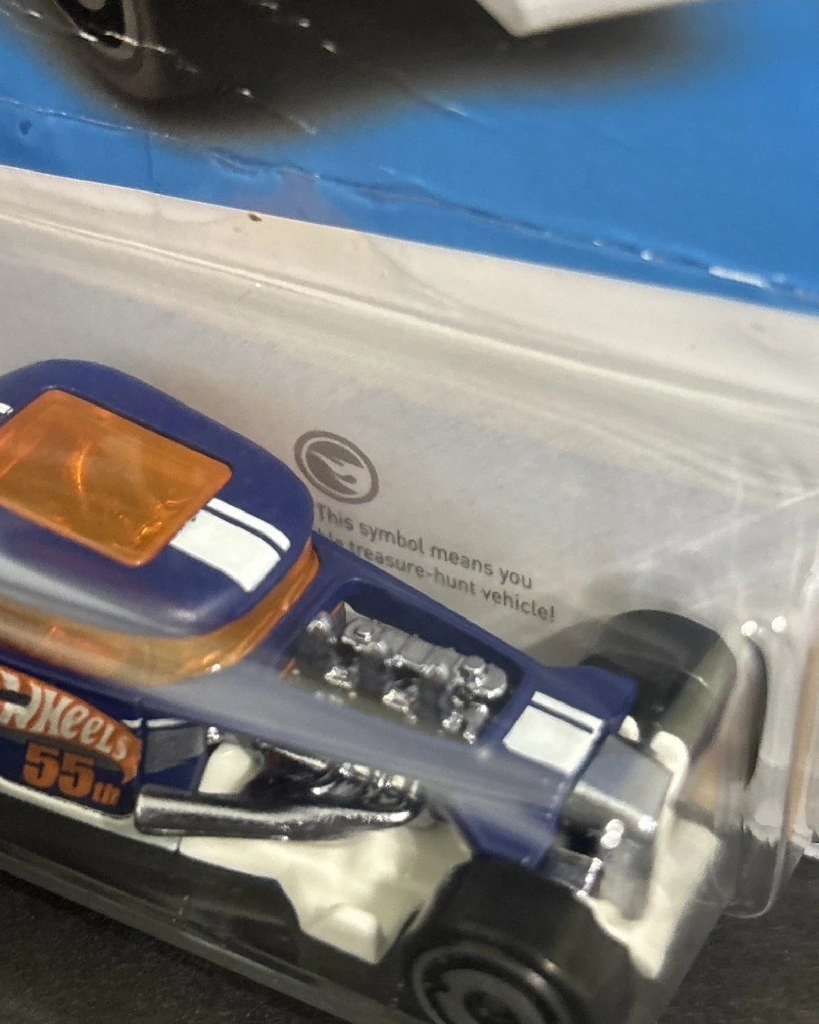 More Than Diecast Hot Wheels Mod Rod Treasure Hunt die-cast car in blue with orange roof and 55th anniversary graphics