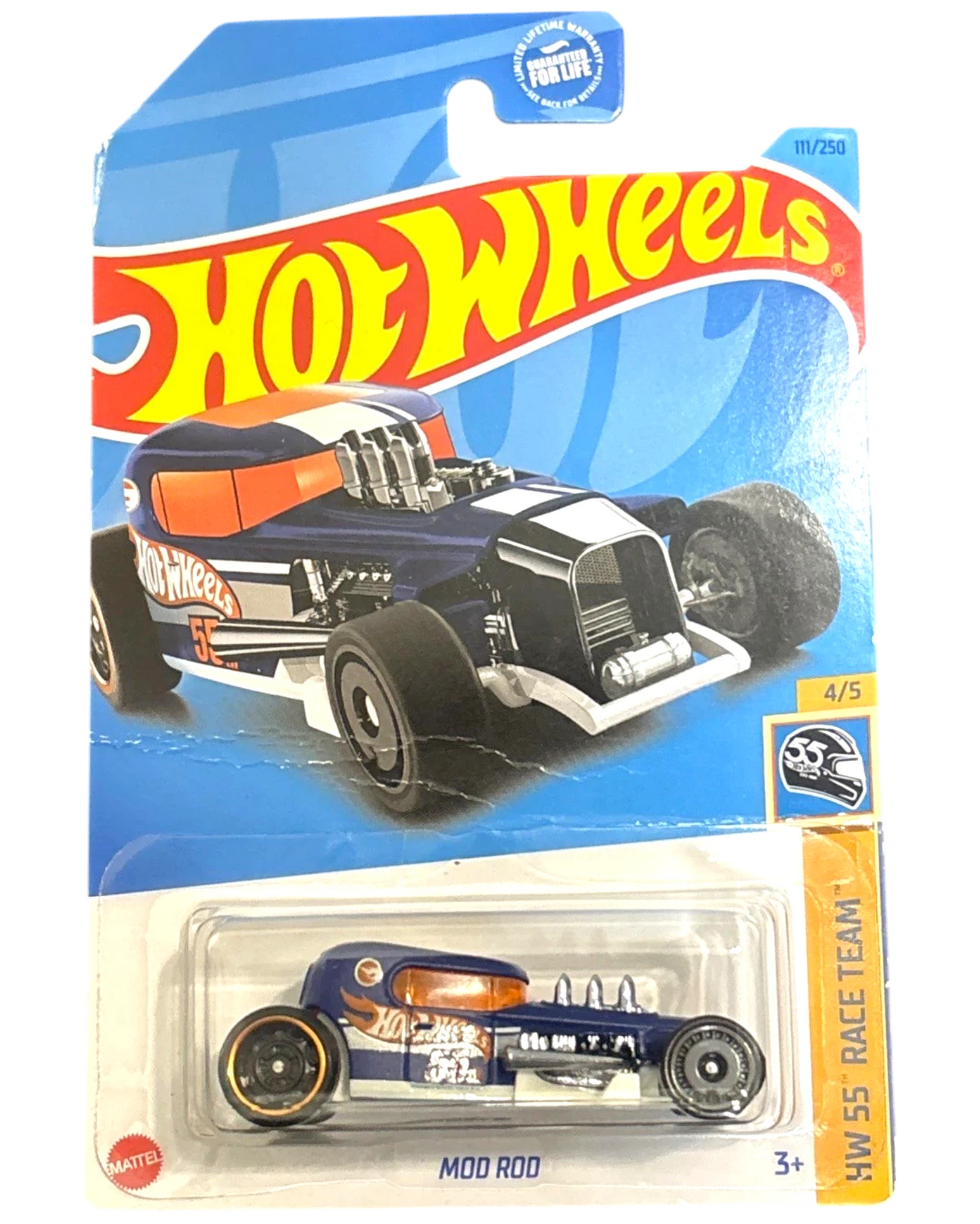 More Than Diecast Hot Wheels Mod Rod Treasure Hunt die-cast car in blue and orange with race team graphics