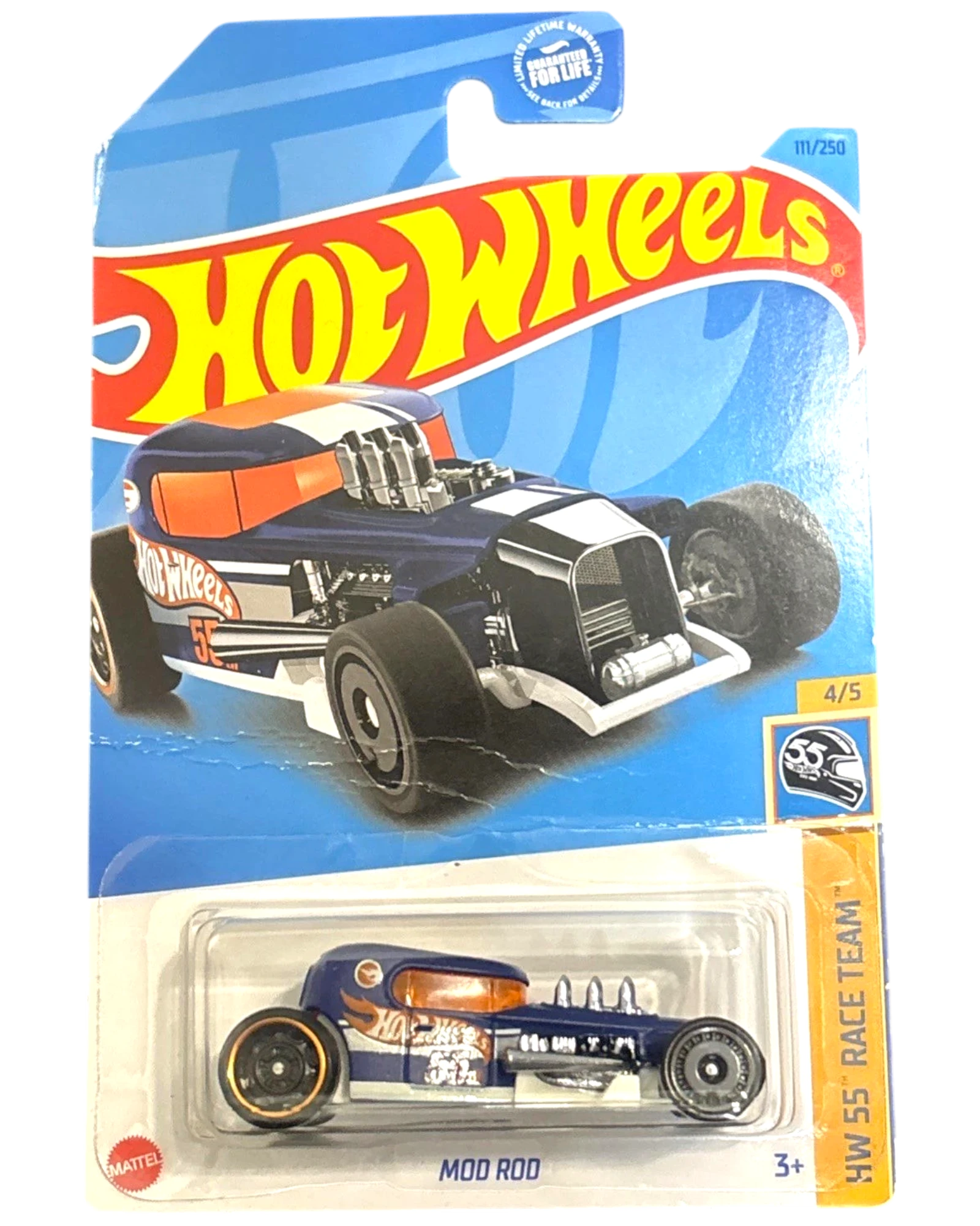 More Than Diecast Hot Wheels Mod Rod Treasure Hunt die-cast car in blue and orange with race team graphics