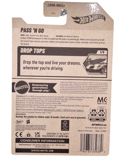 More Than Diecast 2026 Hot Wheels Monopoly Pass 'N Go card back with product details and Monopoly branding