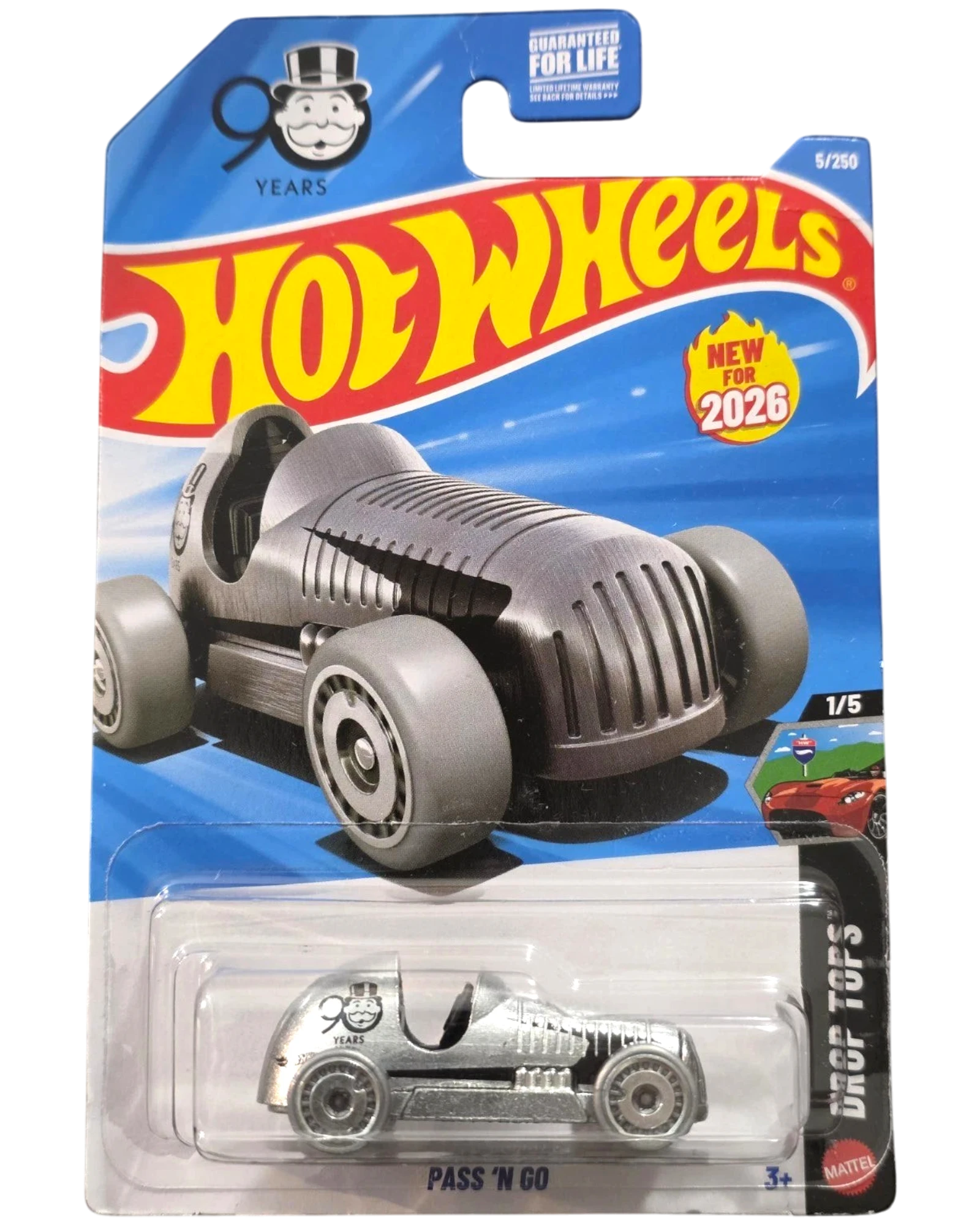 More Than Diecast Hot Wheels Monopoly 90th Anniversary Pass 'N Go die-cast car in mint on card packaging.