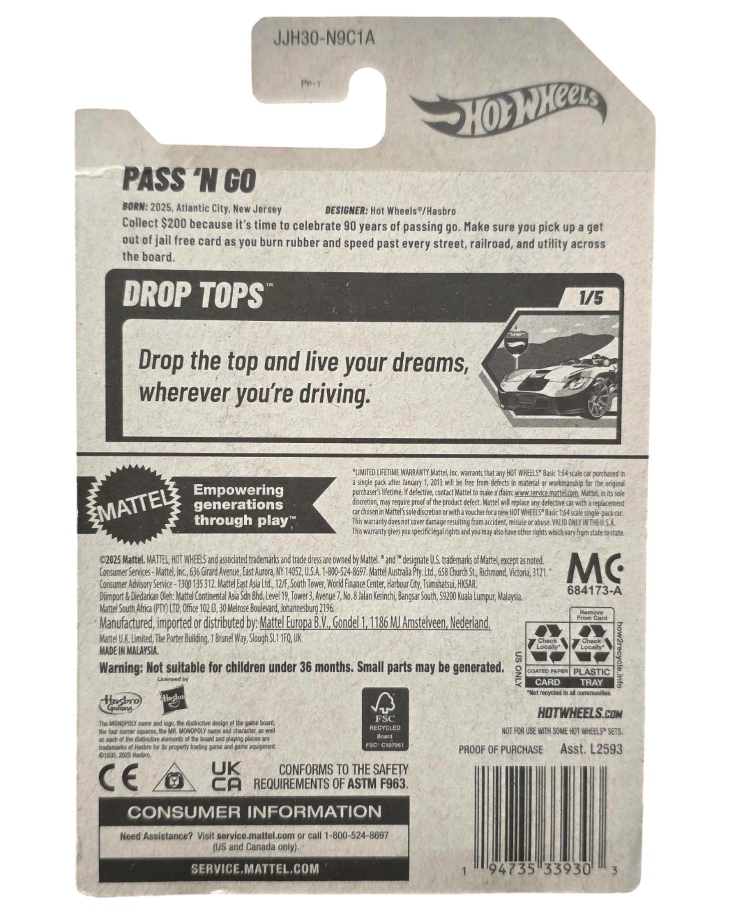 Back of More Than Diecast Hot Wheels Monopoly 90th Anniversary Pass 'N Go Drop Tops packaging with product details.