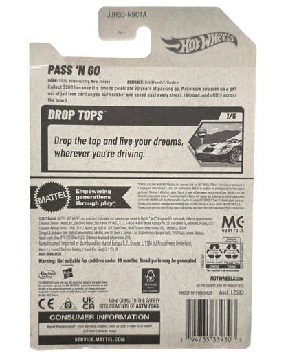 Back of More Than Diecast Hot Wheels Monopoly 90th Anniversary Pass 'N Go Drop Tops packaging with product details.