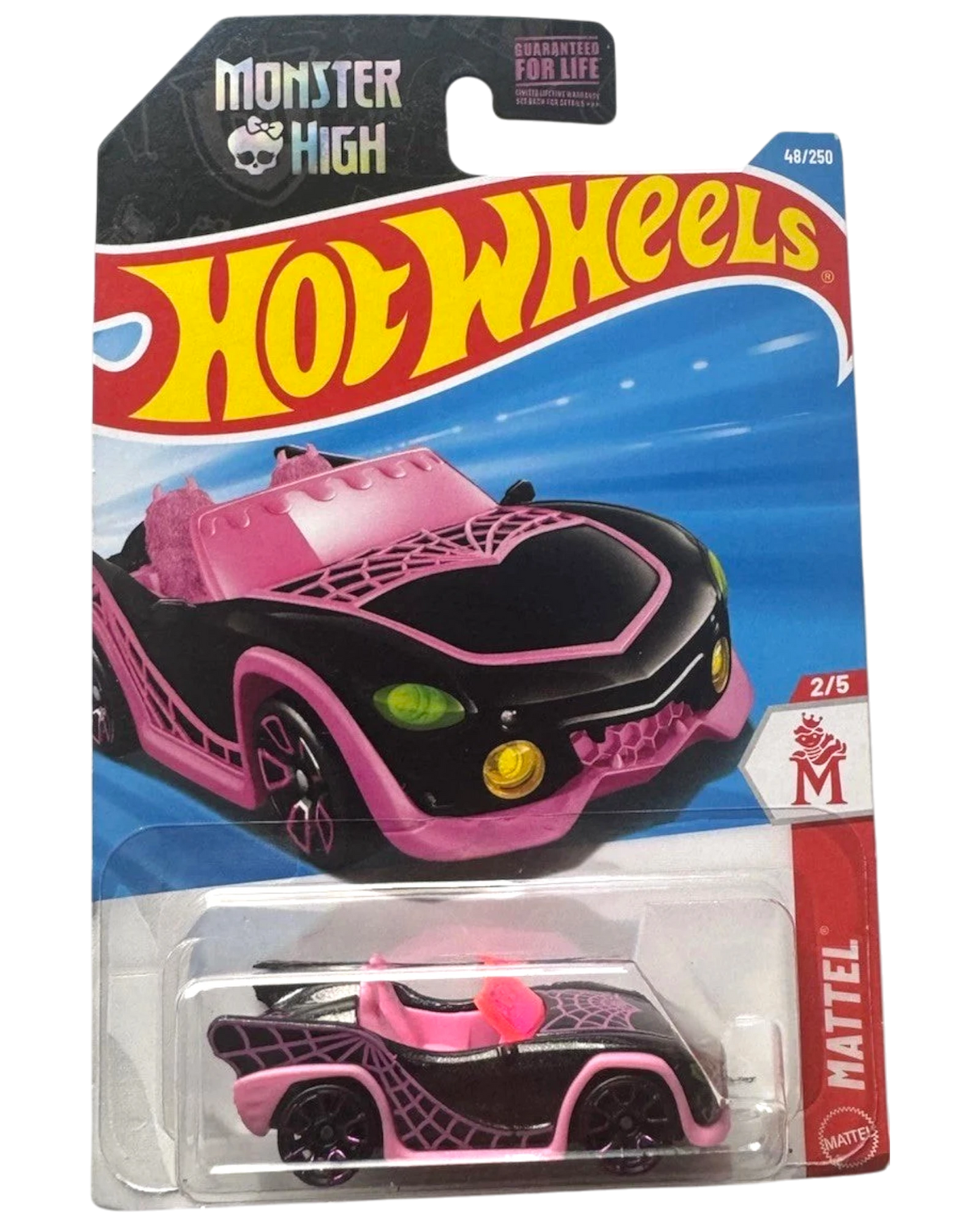 More Than Diecast Monster High Ghoul Mobile Hot Wheels toy car, black with pink spiderweb accents and pink interior.