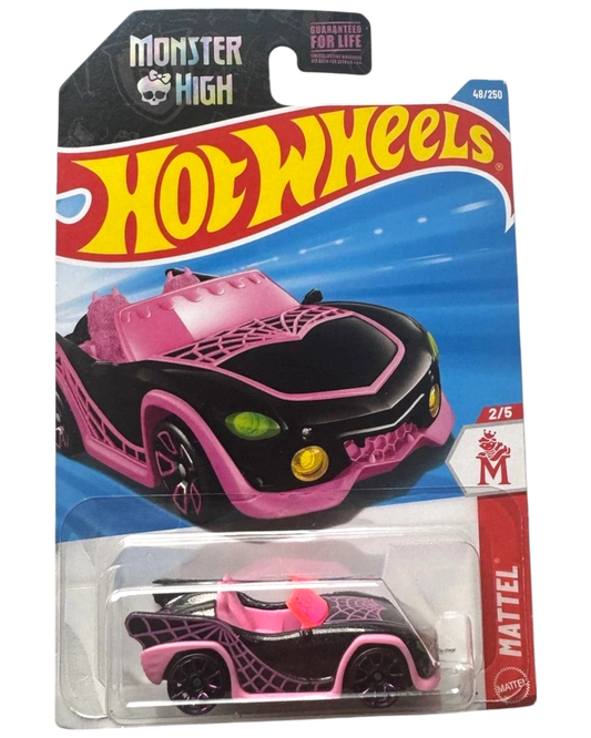 More Than Diecast Monster High Ghoul Mobile Hot Wheels toy car, black with pink spiderweb accents and pink interior.