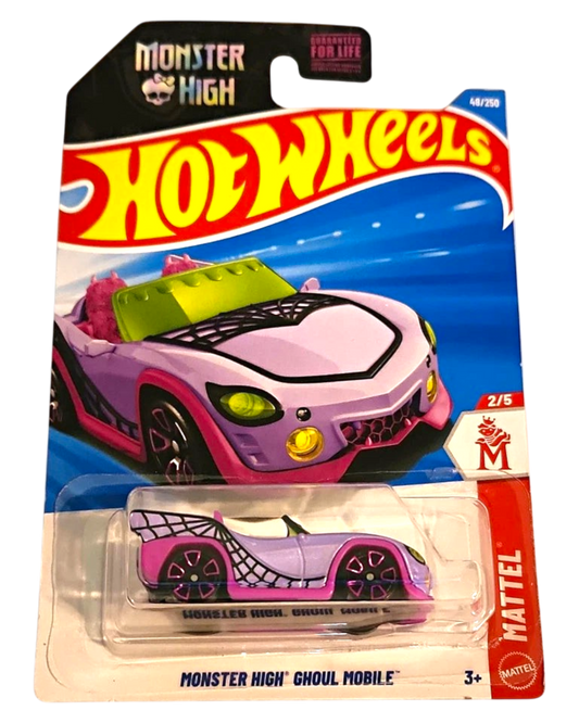 More Than Diecast Hot Wheels Monster High Ghoul Mobile 1:64 die-cast car in purple and pink with spiderweb detailing