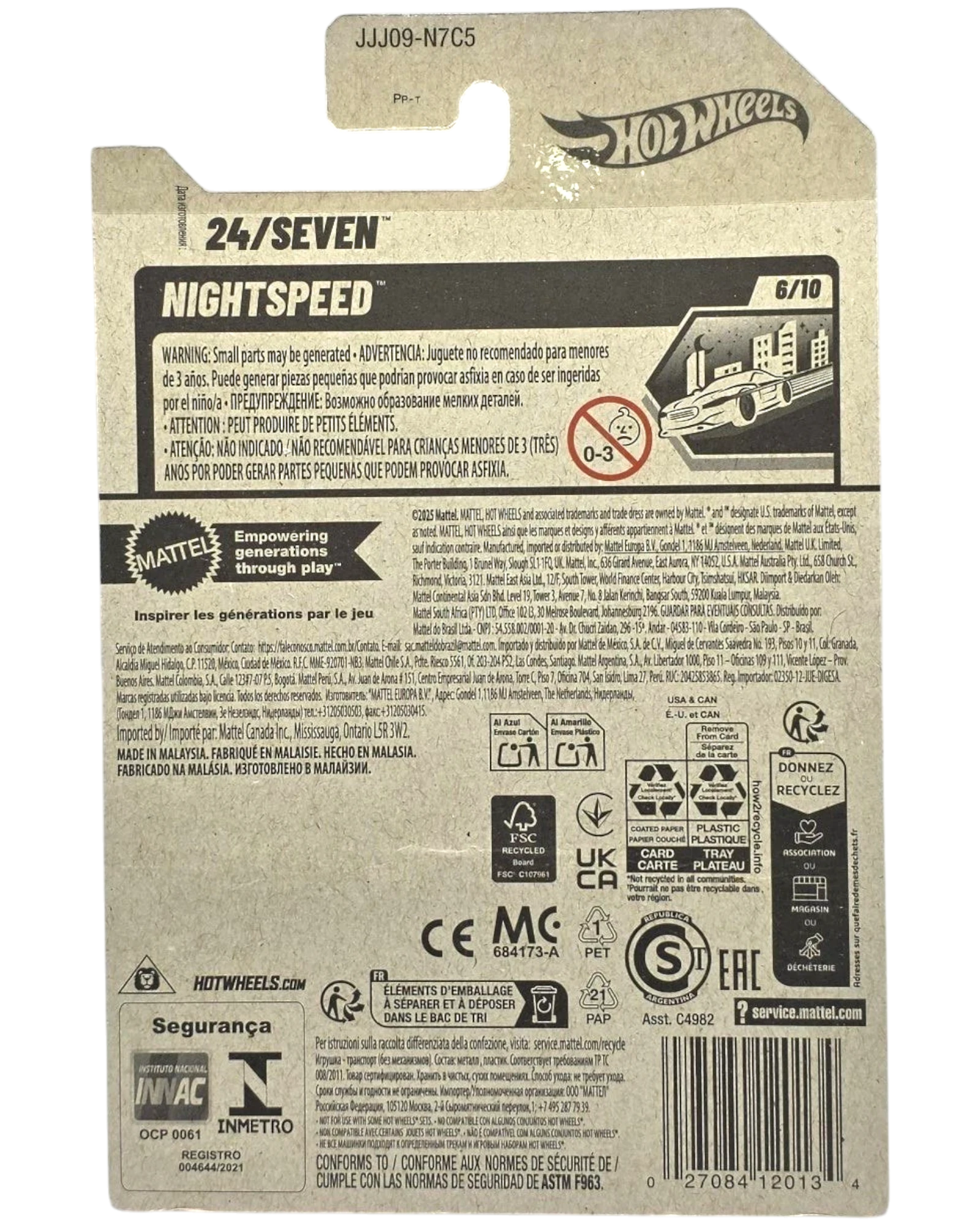 More Than Diecast Hot Wheels 24/Seven NightSpeed red diecast car packaging with warning labels and product information.