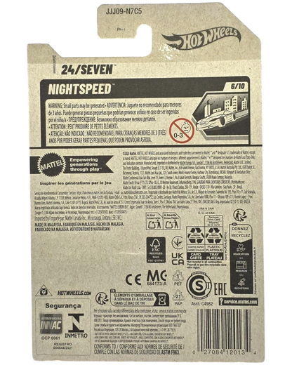 More Than Diecast Hot Wheels 24/Seven NightSpeed red diecast car packaging with warning labels and product information.