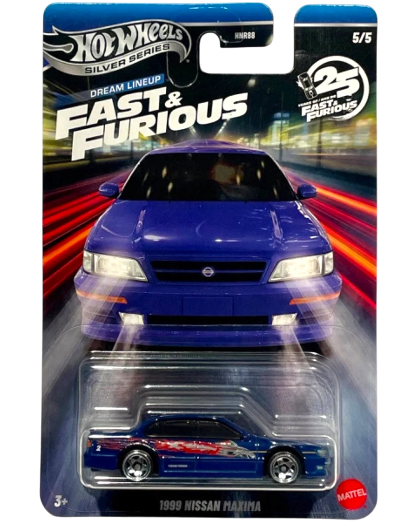 More Than Diecast: 2026 Hot Wheels Silver Series Fast & Furious Dream Lineup 1999 Nissan Maxima toy car in blue with red flame graphics.