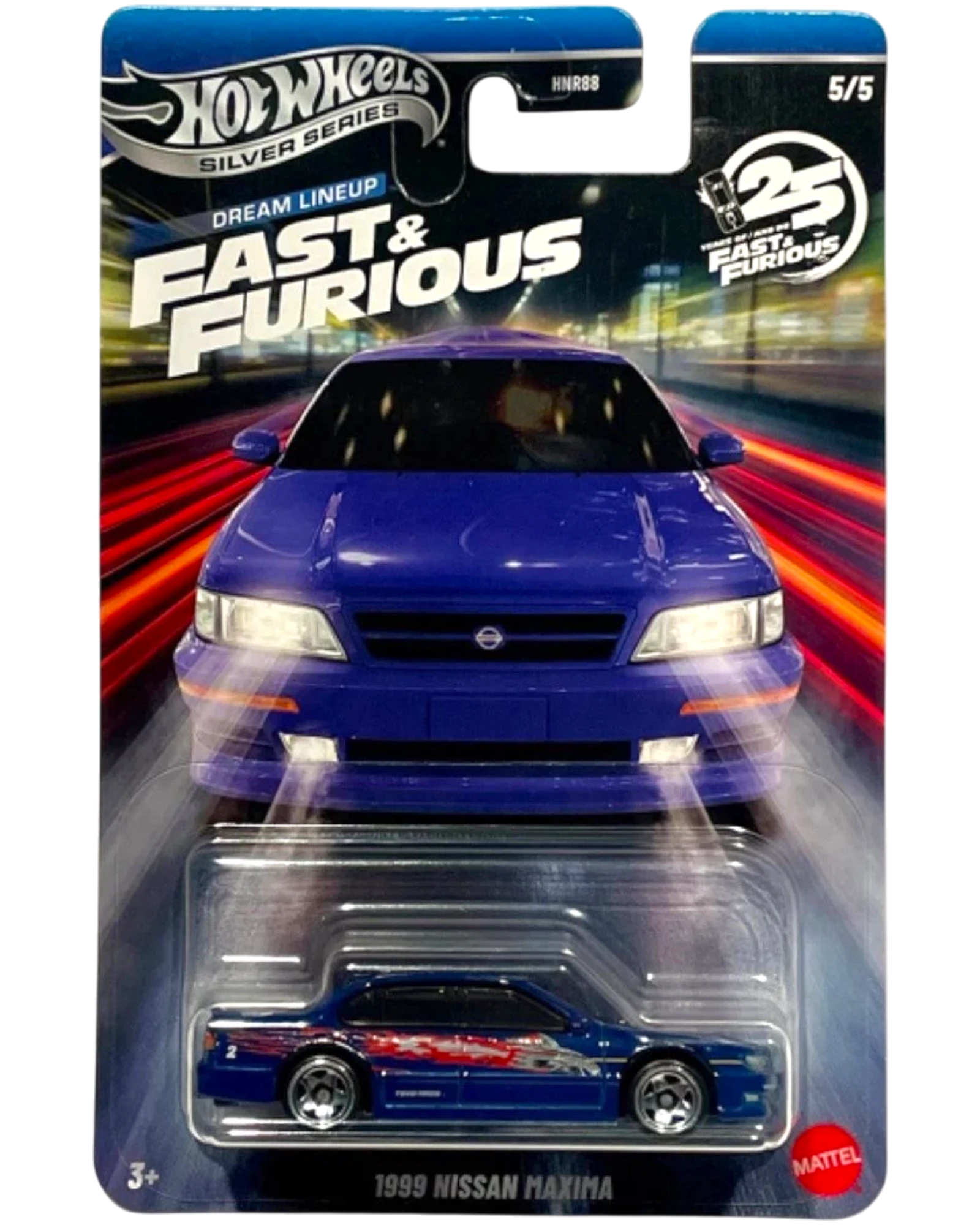 More Than Diecast: 2026 Hot Wheels Silver Series Fast & Furious Dream Lineup 1999 Nissan Maxima toy car in blue with red flame graphics.