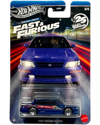 More Than Diecast: 2026 Hot Wheels Silver Series Fast & Furious Dream Lineup 1999 Nissan Maxima toy car in blue with red flame graphics.