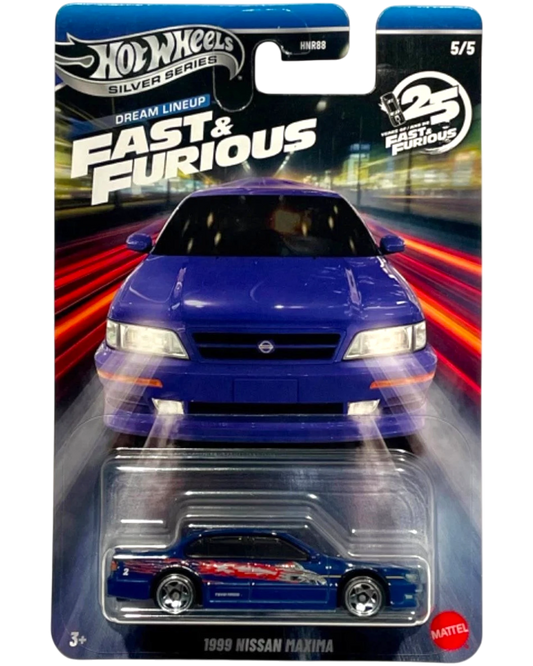 More Than Diecast: 2026 Hot Wheels Silver Series Fast & Furious Dream Lineup 1999 Nissan Maxima toy car in blue with red flame graphics.