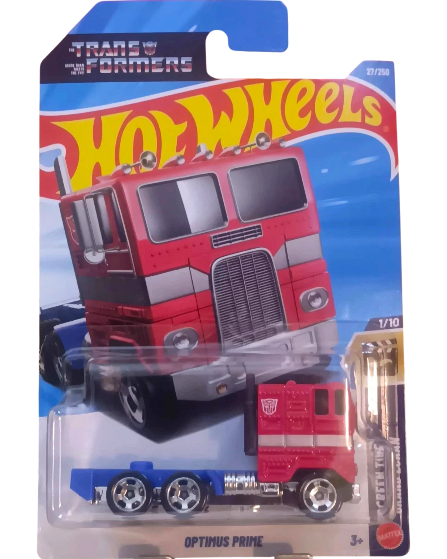 More Than Diecast Hot Wheels Optimus Prime CAB 1:64 scale red and silver die-cast truck with blue trailer.