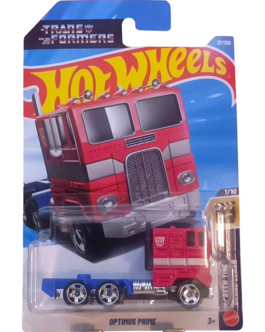 More Than Diecast Hot Wheels Optimus Prime CAB 1:64 scale red and silver die-cast truck with blue trailer.