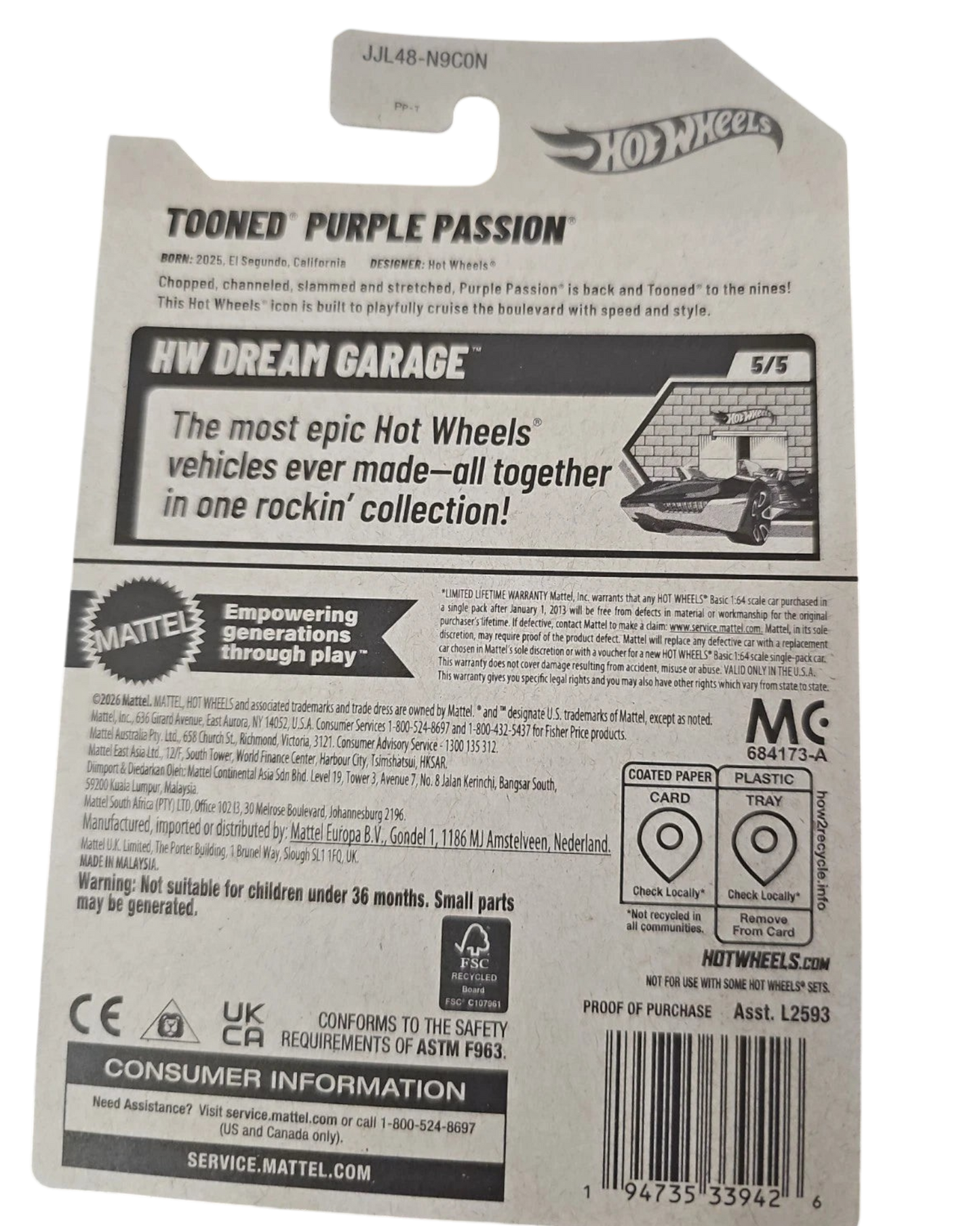 More Than Diecast Hot Wheels 2026 Tooned Purple Passion packaging back showing product details and safety information