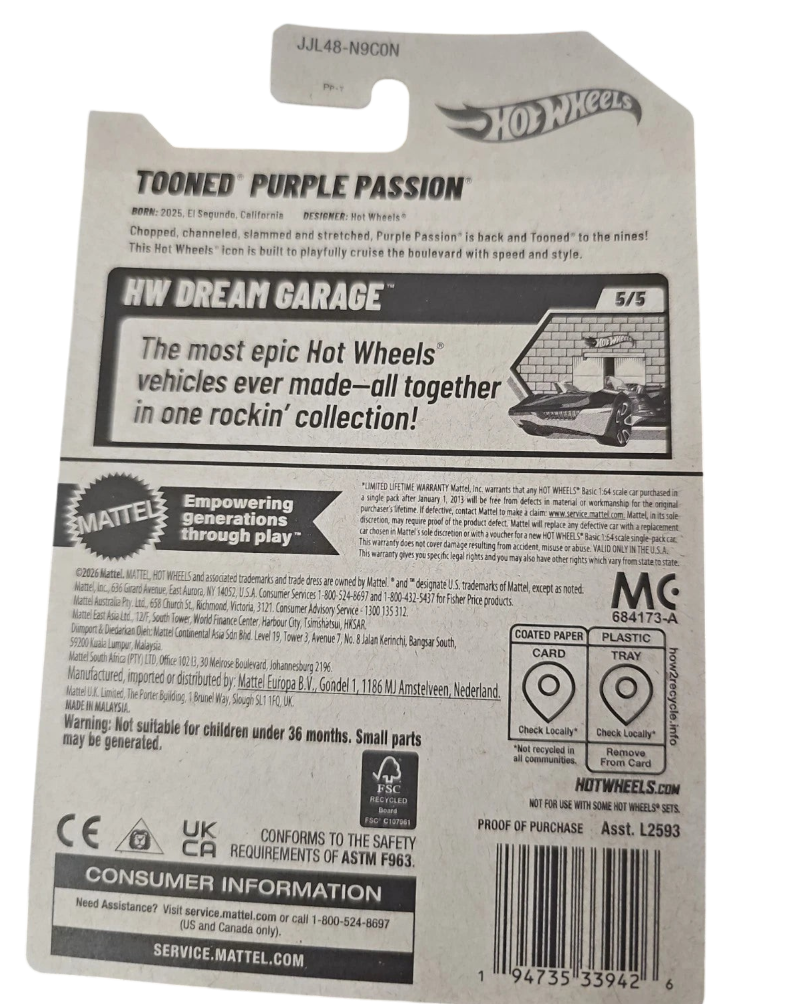 More Than Diecast Hot Wheels 2026 Tooned Purple Passion packaging back showing product details and safety information