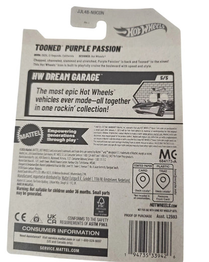 More Than Diecast Hot Wheels 2026 Tooned Purple Passion packaging back showing product details and safety information