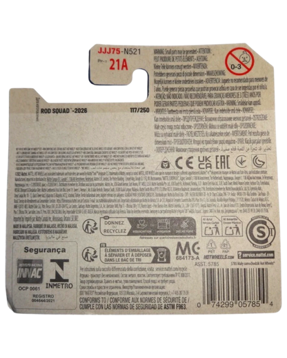 More Than Diecast Hot Wheels 2026 Rod Squad Erikenstein Rod short card packaging back view with safety information