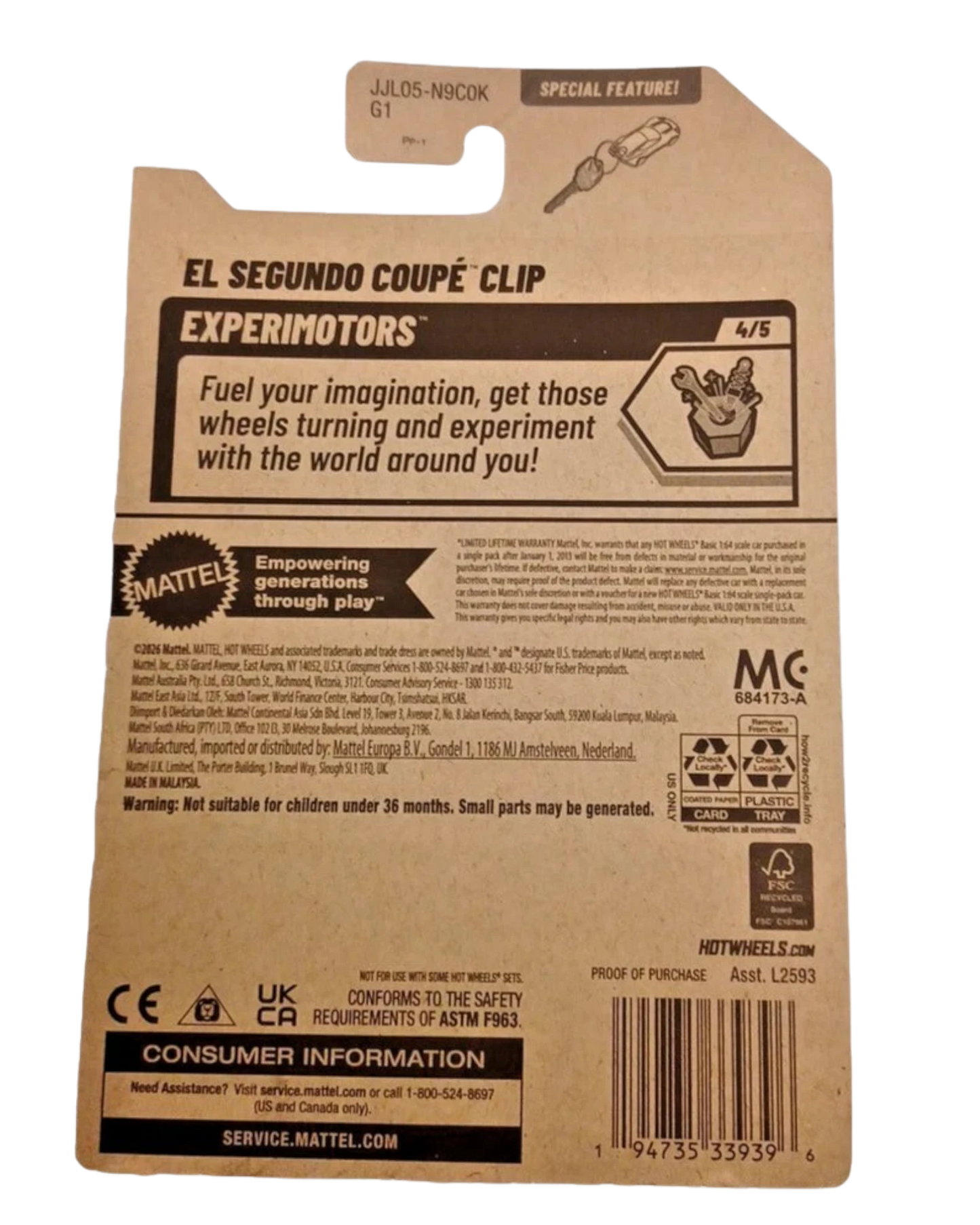 More Than Diecast Hot Wheels El Segundo Coupe Clip packaging back showing Experimotors series details and branding
