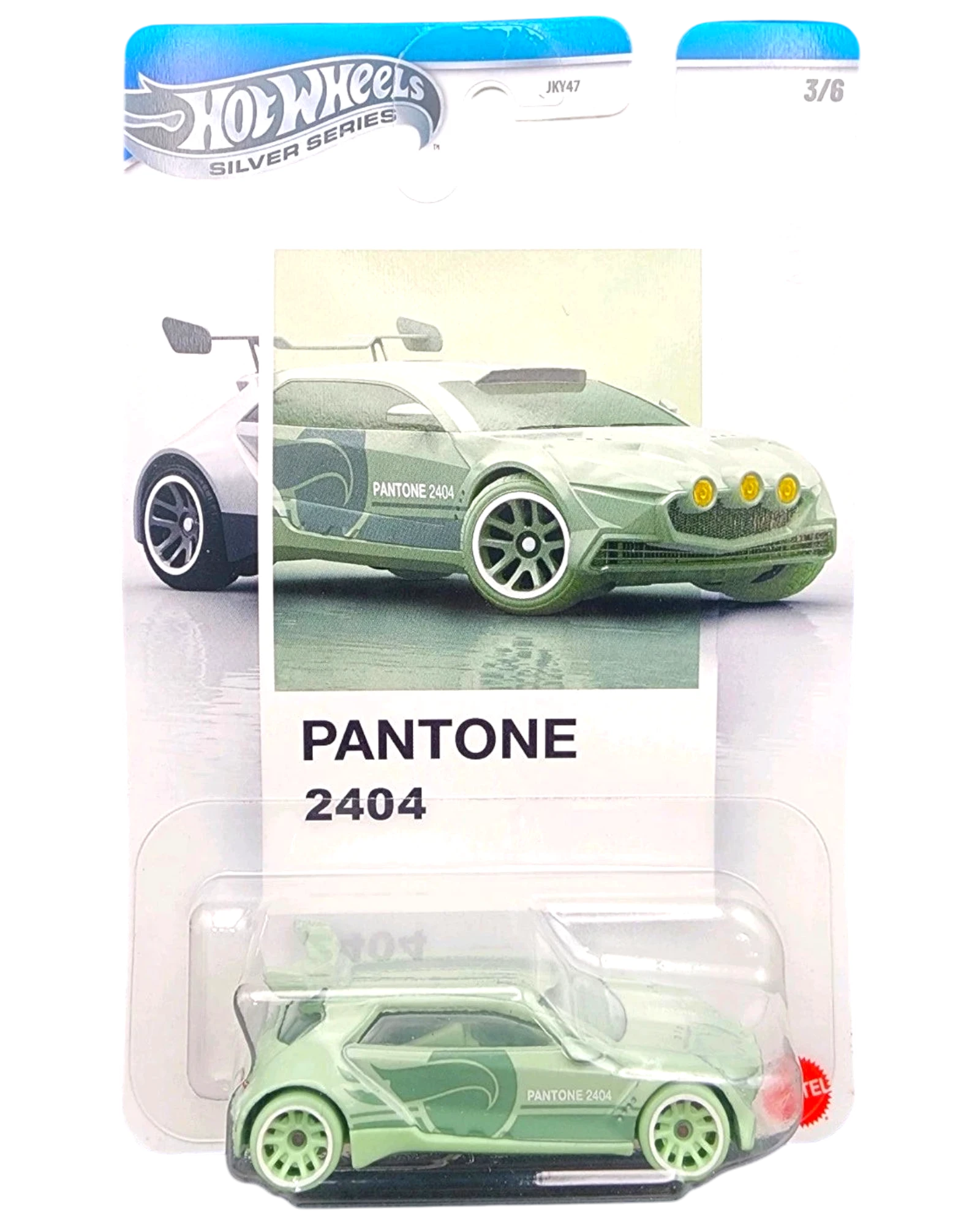 More Than Diecast Hot Wheels Silver Series PANTONE 2404 Rally Finale #3/6 diecast car, light green with PANTONE 2404 graphics.
