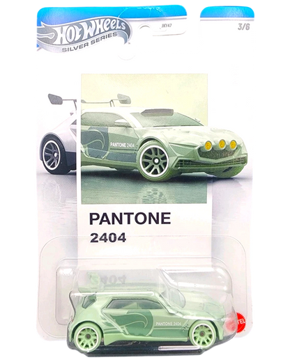 More Than Diecast Hot Wheels Silver Series PANTONE 2404 Rally Finale #3/6 diecast car, light green with PANTONE 2404 graphics.