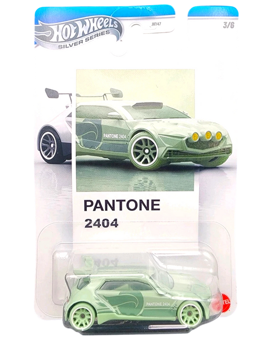 More Than Diecast Hot Wheels Silver Series PANTONE 2404 Rally Finale #3/6 diecast car, light green with PANTONE 2404 graphics.